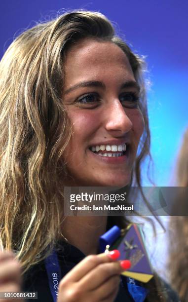 Simona Quadarella of Italy celebrates victory in the Women's 800m Freestyle Swimming Final, with her Gold Medal on Day three of the European...