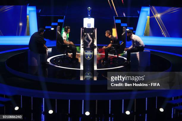 Mosaad 'MSDossary' Aldossary of Saudia Arabia and Stefano 'Pinna' Pinna of Belgium during the Grand Final match at the FIFA eWorld Cup 2018 at The O2...