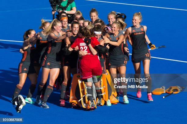 Netherlands players celebrate victory with goalkeeper Josine Koning after a penalty shootout during the Semi-Final game between Netherlands and...