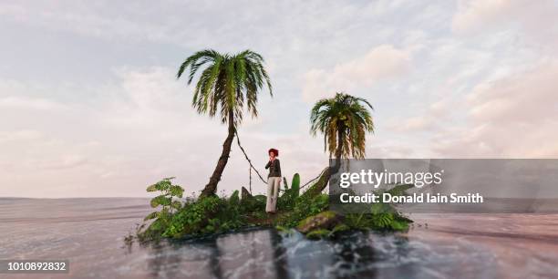 business woman alone on a deserted island with palm trees - the castaway ストックフォトと画像