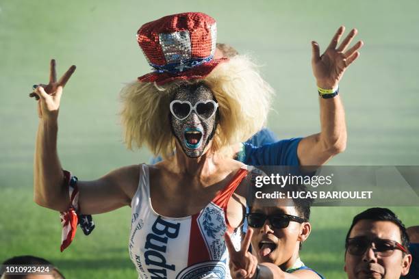 Participants of the US team march onto the field during the opening ceremony of the 2018 Gay Games edition at the Jean Bouin Stadium in Paris on...