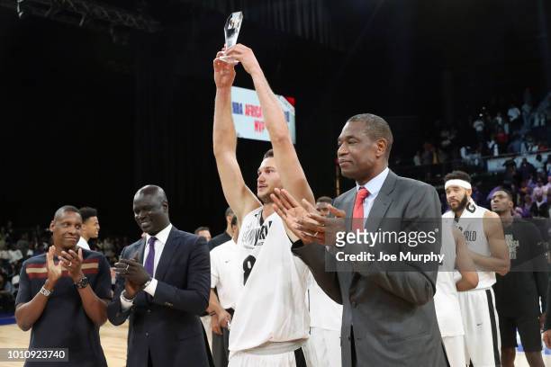 Danillo Gallinari of Team World receives the MVP award during the 2018 NBA Africa Game as part of the Basketball Without Borders Africa on August 4,...