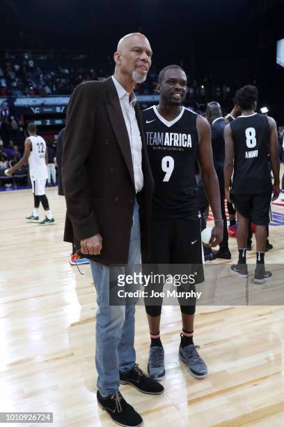 Kareem Abdul-Jabbar and Luol Deng of Team Africa pose for a photo during the 2018 NBA Africa Game as part of the Basketball Without Borders Africa on...