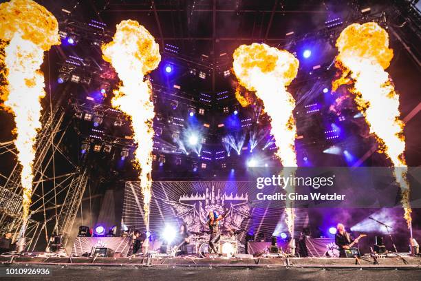 Canadian singer Alissa White-Gluz of the swedish band Arch Enemy performs live on stage during the Wacken Open Air festival on August 4, 2018 in...