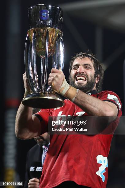 Crusaders captain Sam Whitelock celebrates with the trophy following the Super Rugby Final match between the Crusaders and the Lions at AMI Stadium...