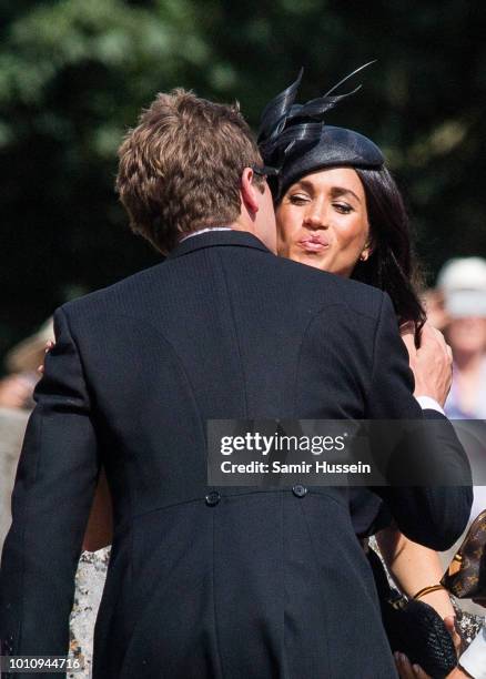 Meghan, Duchess of Sussex attends the wedding of Charlie Van Straubenzee on August 4, 2018 in Frensham, United Kingdom. Prince Harry attended the...