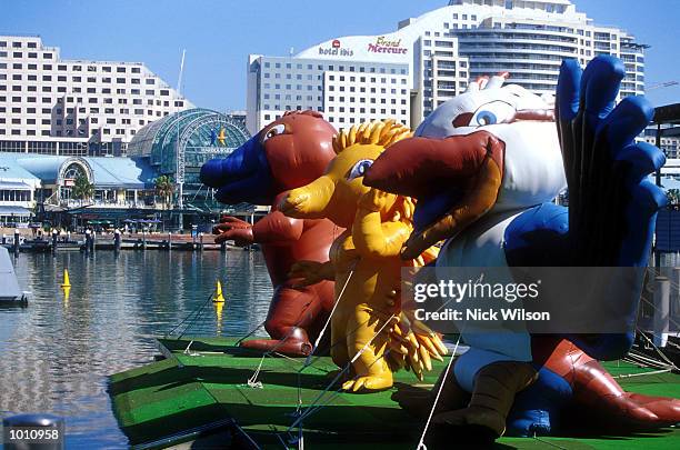 The Olympic mascots Oly Milly and Sid dance around during the celebrations of the 2000 Sydney Olympics with one year to go,Sydney Australia....