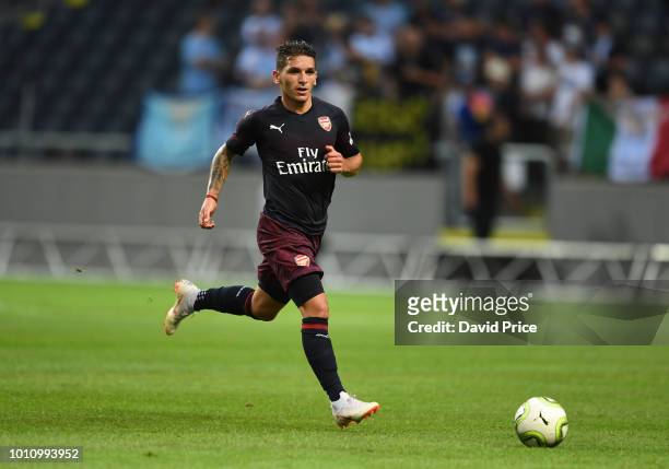 Lucas Torreira of Arsenal during the Pre-season friendly between Arsenal and SS Lazzio on August 4, 2018 in Stockholm, Sweden.