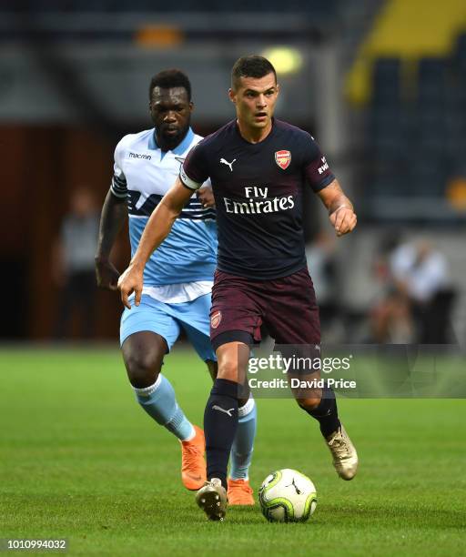 Granit Xhaka of Arsenal takes on Felipe Caicedo of Lazio during the Pre-season friendly between Arsenal and SS Lazzio on August 4, 2018 in Stockholm,...