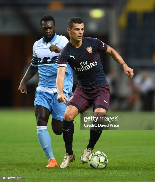 Granit Xhaka of Arsenal takes on Felipe Caicedo of Lazio during the Pre-season friendly between Arsenal and SS Lazzio on August 4, 2018 in Stockholm,...