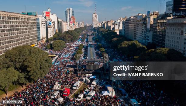Aerial view showing people demonstrating against abortion during a gathering called by the Christian Alliance of Evangelical Churches in Argentina...