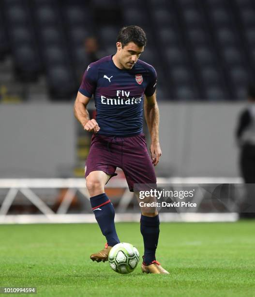 Sokratis Papastathopouplos of Arsenal during the Pre-season friendly between Arsenal and SS Lazzio on August 4, 2018 in Stockholm, Sweden.