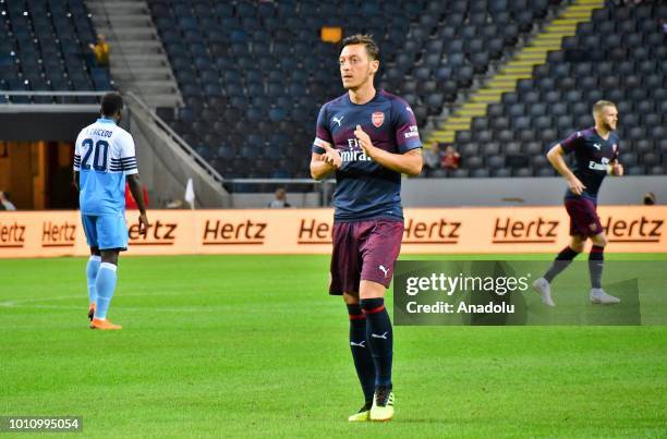 Mesut Ozil of Arsenal gestures during the pre-season friendly between SS Lazio and Arsenal at Friends Arena on August 4, 2018 in Stockholm, Sweden.