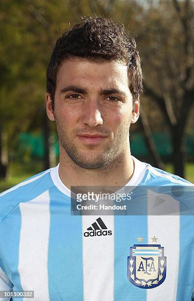 Striker Gonzalo Higuain of Argentina's National team for the 2010 FIFA World Cup South Africa poses during a photo session on May 26, 2010 in Buenos...