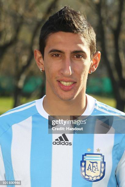 Midfielder Angel di Maria of Argentina's National team for the 2010 FIFA World Cup South Africa poses during a photo session on May 26, 2010 in...
