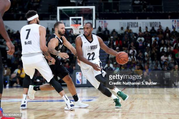Khris Middleton of Team World handles the ball against Team Africa during the 2018 NBA Africa Game as part of the Basketball Without Borders Africa...