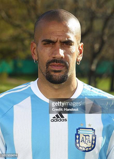 Midfielder Juan Sebastian Veron of Argentina's National team for the 2010 FIFA World Cup South Africa poses during a photo session on May 26, 2010 in...