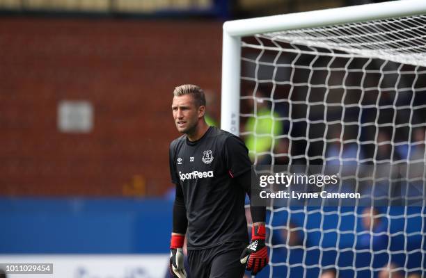 Maarten Stekelenburg of Everton gestures during the Pre-Season Friendly between Everton and Valencia at Goodison Park on August 4, 2018 in Liverpool,...