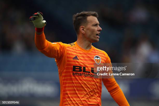 Neto of Valencia gestures during the Pre-Season Friendly between Everton and Valencia at Goodison Park on August 4, 2018 in Liverpool, England.