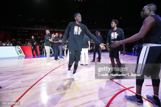 Pascal Siakam of Team Africa is introduced before the game against Team World during the 2018 NBA Africa Game as part of the Basketball Without...