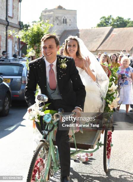 Daisy Jenks and Charlie Van Straubenzee depart after getting married at Saint Mary The Virgin Church on August 4, 2018 in Frensham, United Kingdom....