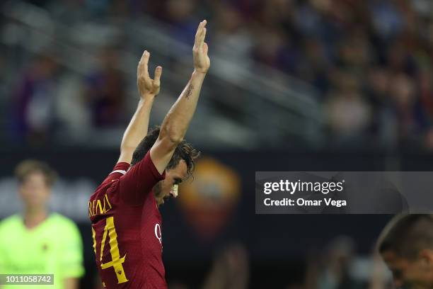 Alessandro Florenzi celebrates a goal during a match between FC Barcelona and AS Roma as part of International Champions Cup 2018 at AT&T Stadium on...