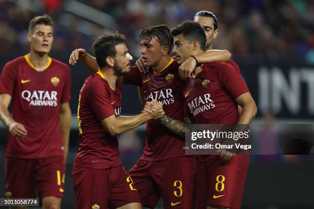 Alessandro Florenzi celebrates a goal during a match between FC Barcelona and AS Roma as part of International Champions Cup 2018 at AT&T Stadium on...