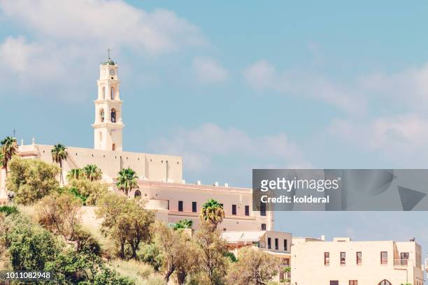 classic historic buildings in old city of jaffa - tel aviv stock-fotos und bilder