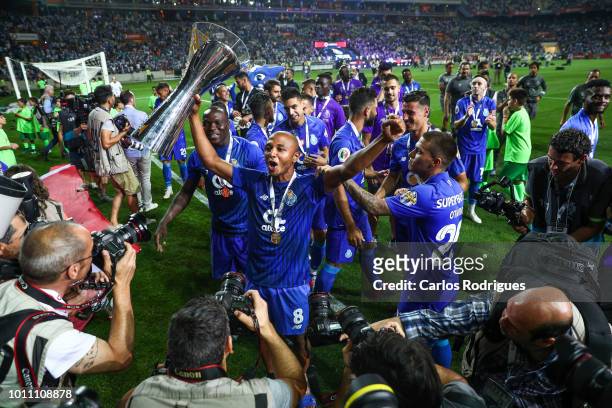 Yacine Brahimi of FC Porto celebrates with the Portuguese SuperCup trophy after the match between FC Porto and Desportivo das Aves for the Portuguese...