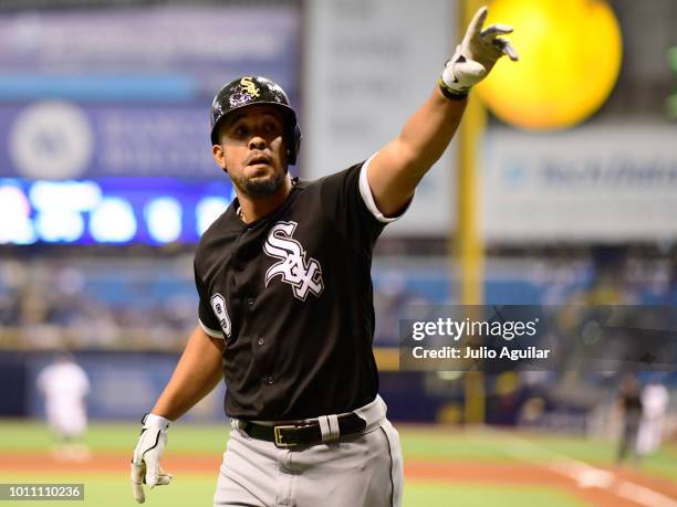 Jose Abreu of the Chicago White Sox hits a homer in the fourth inning against the Tampa Bay Rays on August 4, 2018 at Tropicana Field in St...