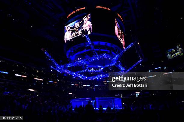 General view of the Octagon during the UFC 227 event inside Staples Center on August 4, 2018 in Los Angeles, California.