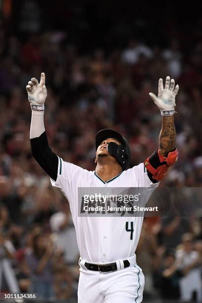 Ketel Marte of the Arizona Diamondbacks celebrates a two run home run in the first inning of the MLB game against the San Francisco Giants at Chase...