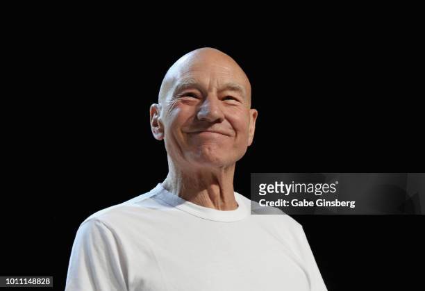 Actor Sir Patrick Stewart speaks during the 17th annual official Star Trek convention at the Rio Hotel & Casino on August 4, 2018 in Las Vegas,...