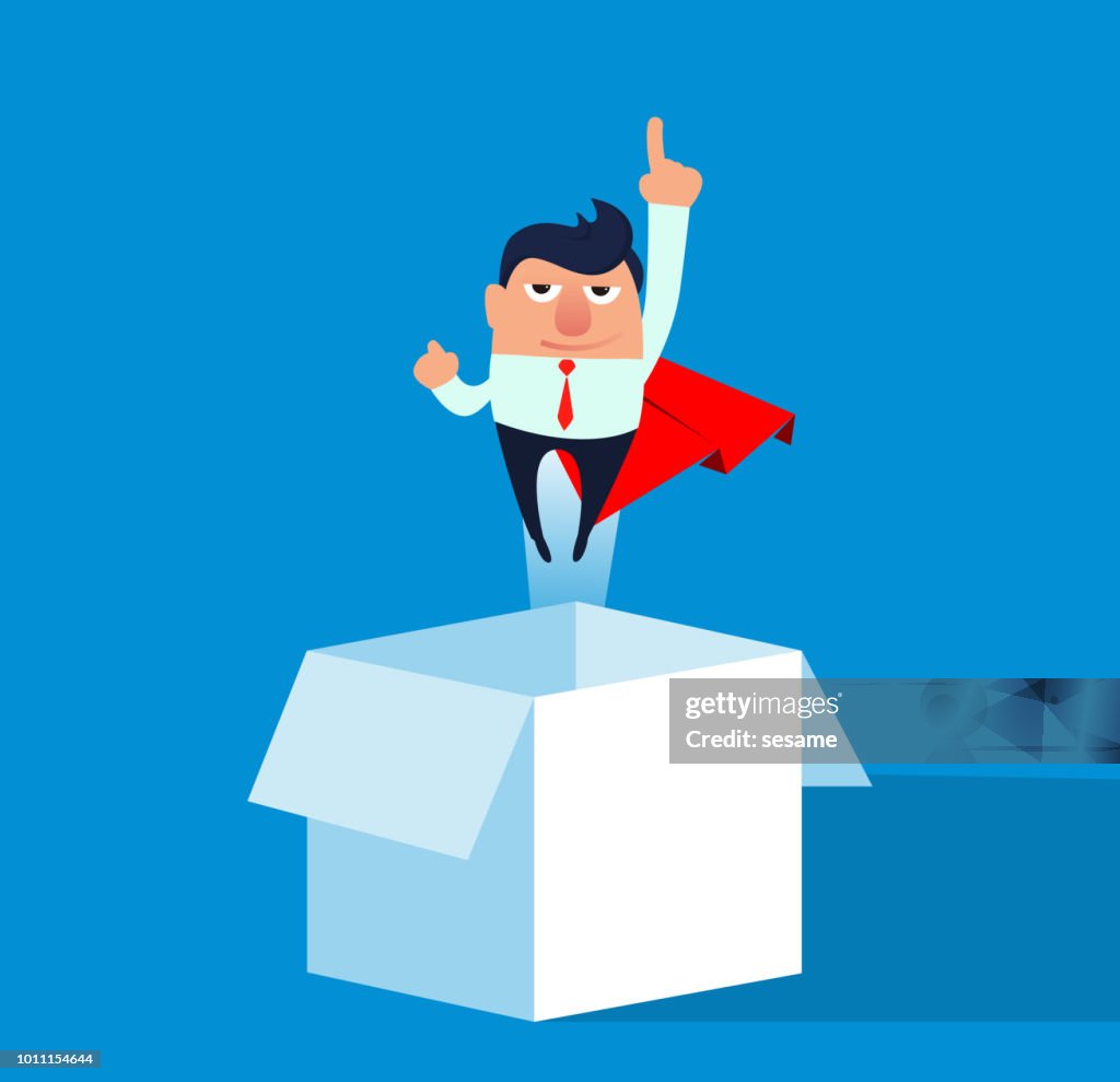 Businessman flying out of the box