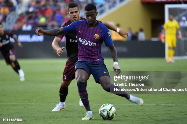 Nelson Semedo of FC Barcelona controls the ball against AC Milan during their International Champions Cup match at Levi's Stadium on August 4, 2018...