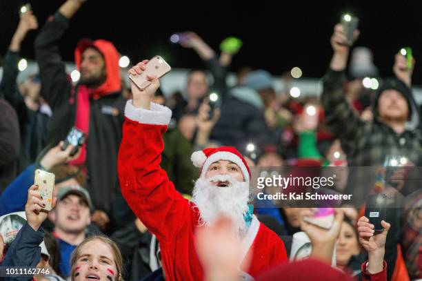 Crusaders fans show their support during the Super Rugby Final match between the Crusaders and the Lions at AMI Stadium on August 4, 2018 in...