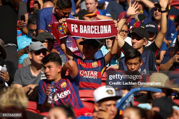 Barcelona fans show their support during the International Champions Cup match against AC Milan at Levi's Stadium on August 4, 2018 in Santa Clara,...