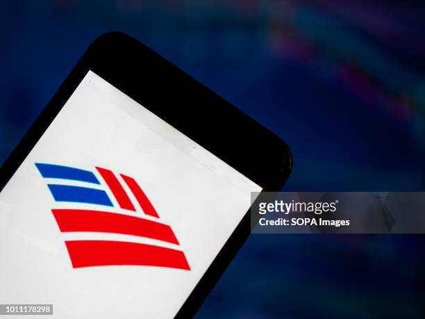 In this photo illustration, the Bank of America application seen displayed on a smartphone. Bank of America Corporation is an American multinational...