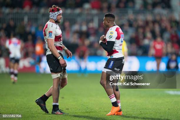 Warren Whiteley and Aphiwe Dyantyi of the Lions look on during the Super Rugby Final match between the Crusaders and the Lions at AMI Stadium on...