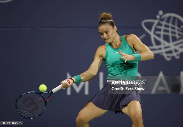 Maria Sakkari of Greece returns a shot to Danielle Collins of the United States during their semifinal match on Day 6 of the Mubadala Silicon Valley...
