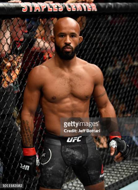Demetrious Johnson prepares to fight Henry Cejudo in their UFC flyweight championship fight during the UFC 227 event inside Staples Center on August...