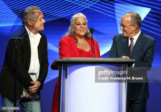 Kevin S. Bright, Marta Kauffman and David Crane speak onstage during the 34th Annual Television Critics Association Awards during the 2018 Summer TCA...