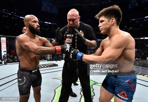 Opponents Demetrious Johnson and Henry Cejudo face off prior to their UFC flyweight championship fight during the UFC 227 event inside Staples Center...