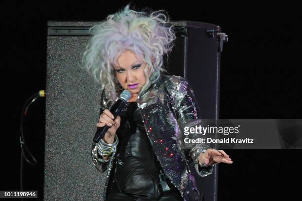 Cyndi Lauper performs in concert as Special Guest for Rod Stewart at Atlantic City Boardwalk Hall on August 4, 2018 in Atlantic City, New Jersey.