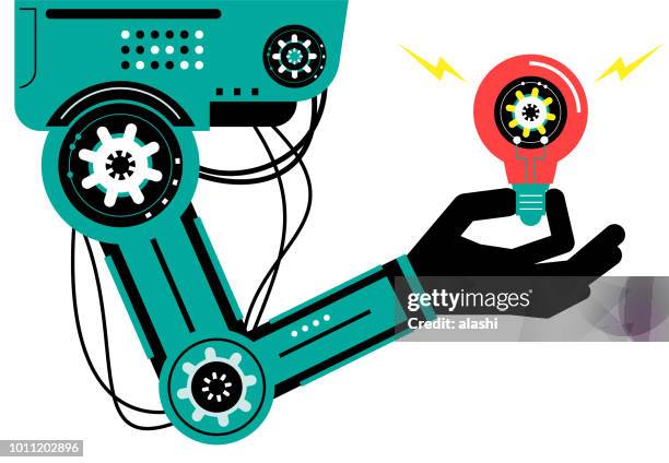 ilustraciones, imágenes clip art, dibujos animados e iconos de stock de inteligencia artificial robot (brazo robótico) lleva un engranaje - brazo robótico herramientas de fabricación