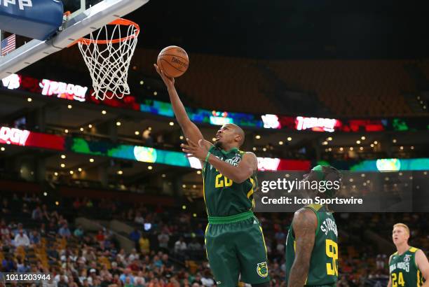 Andre Owens of Ball Hogs makes a lay up during week 7 of the BIG3 basketball league on August 3 at TD Garden in Boston, MA. Trilogy won 51-45.