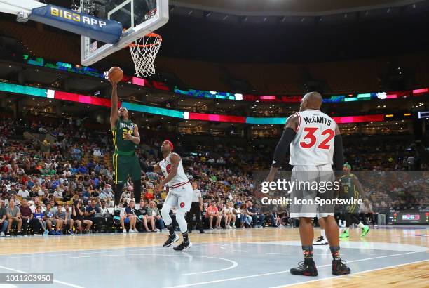 Andre Owens of Ball Hogs makes a lay up during week 7 of the BIG3 basketball league on August 3 at TD Garden in Boston, MA. Trilogy won 51-45.