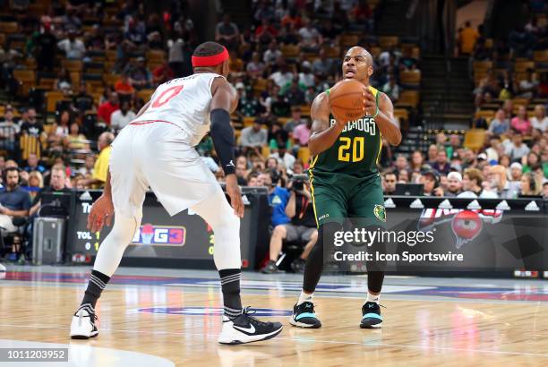 Andre Owens of Ball Hogs and Derrick Byars of Trilogy during week 7 of the BIG3 basketball league on August 3 at TD Garden in Boston, MA. Trilogy won...