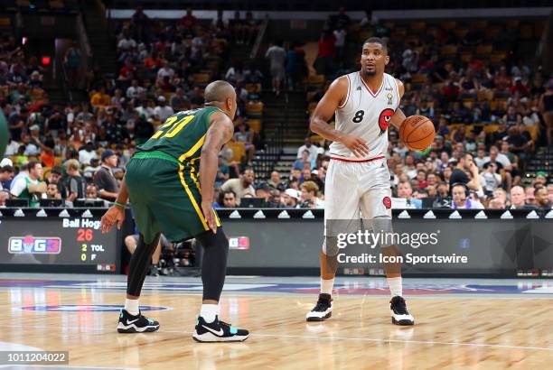 James White of Trilogy and Andre Owens of Ball Hogs in action during week 7 of the BIG3 basketball league on August 3 at TD Garden in Boston, MA....