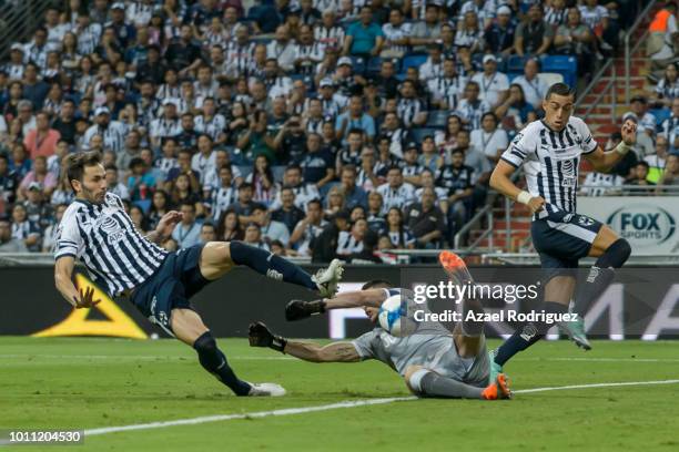 Jose Maria Basanta of Monterrey tries to score over Tiago Volpi, goalkeeper of Queretaro, during the third round match between Monterrey and...